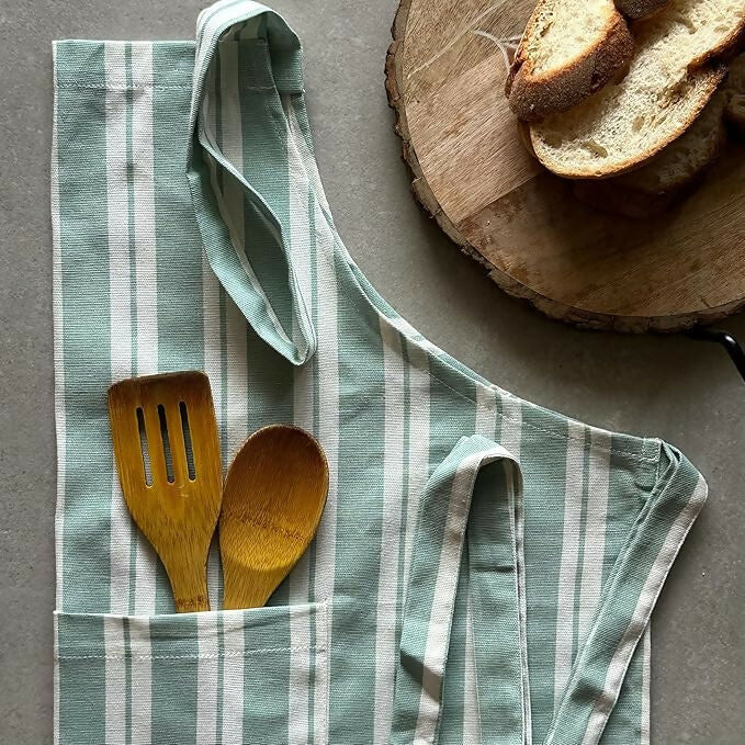 Oak & Lily 100% Cotton Kitchen Apron-Green Striped | Grocsy