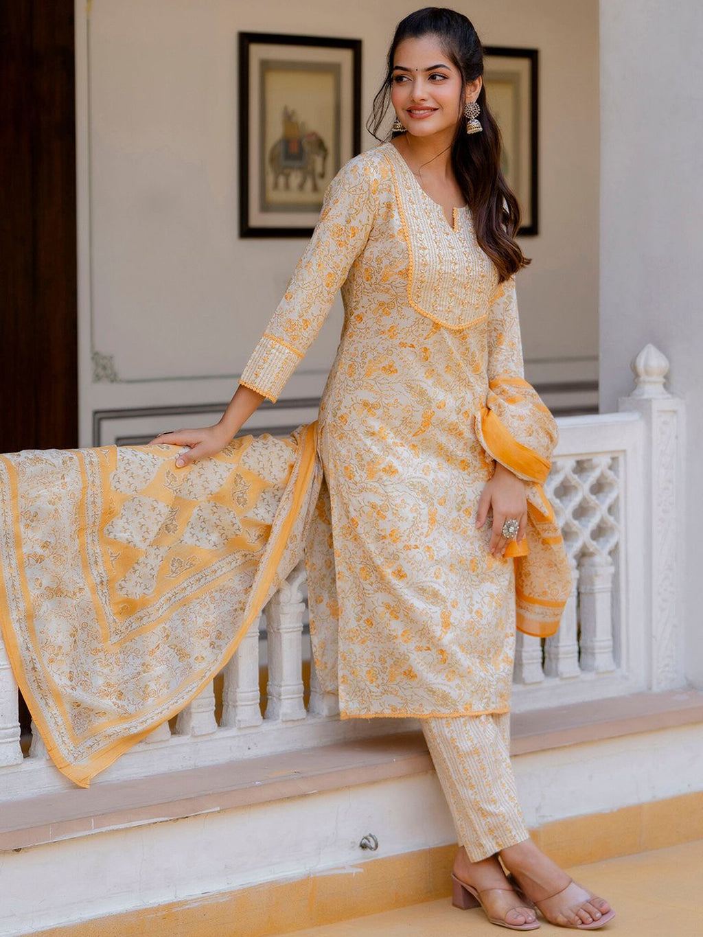 Anouk Women Floral Printed Regular Aari Work Pure Cotton Kurta with Palazzos & With Dupatta | Grocsy