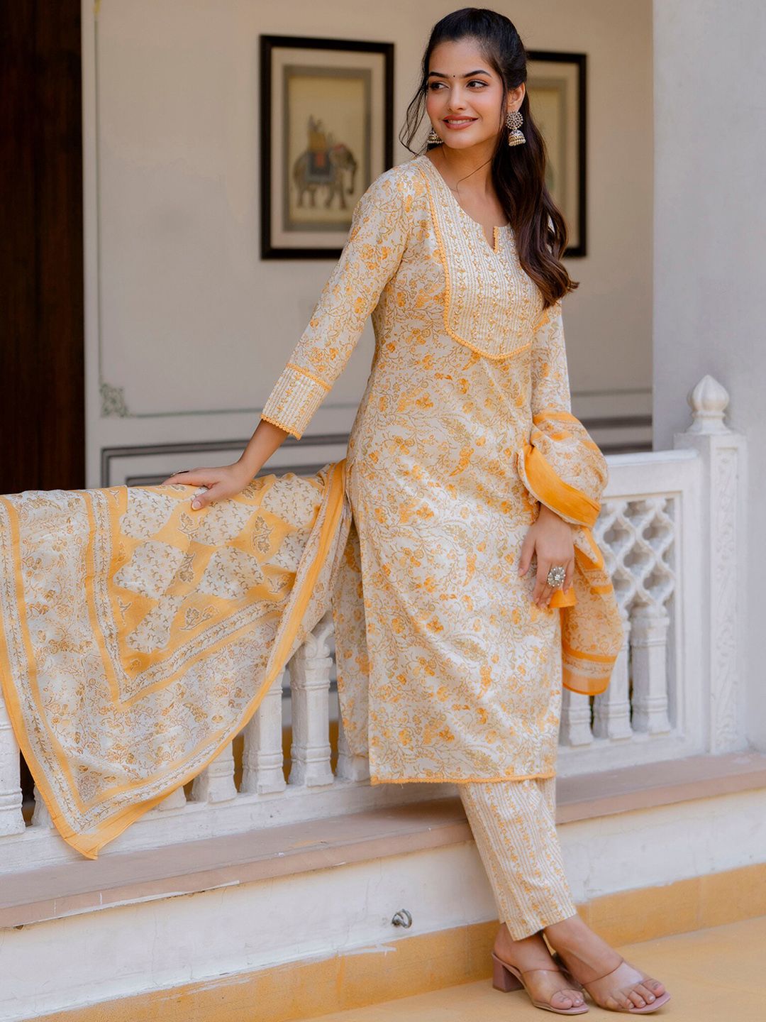 Anouk Women Floral Printed Regular Aari Work Pure Cotton Kurta with Palazzos & With Dupatta | Grocsy