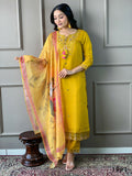 Partywear Designer Chanderi Mustard Stitched Suit With Dupatta - Tanisha | Grocsy