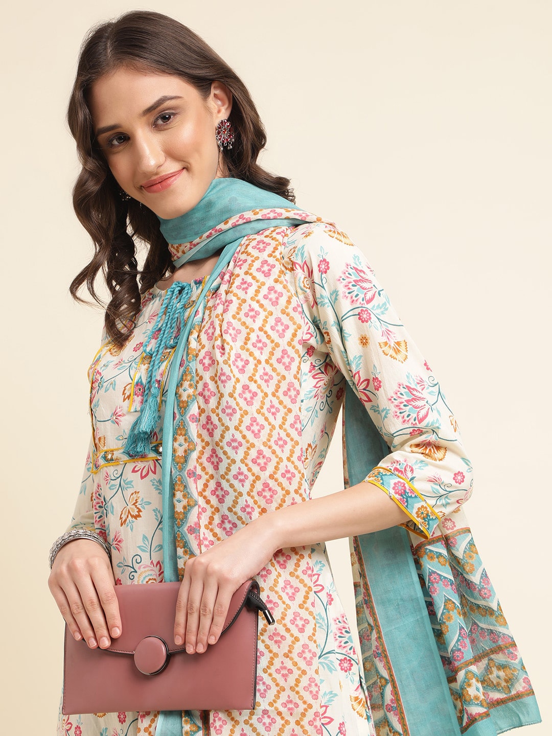 Sangria Beige & Blue Floral Printed Pure Cotton Kurta & Trouser With Dupatta | Grocsy