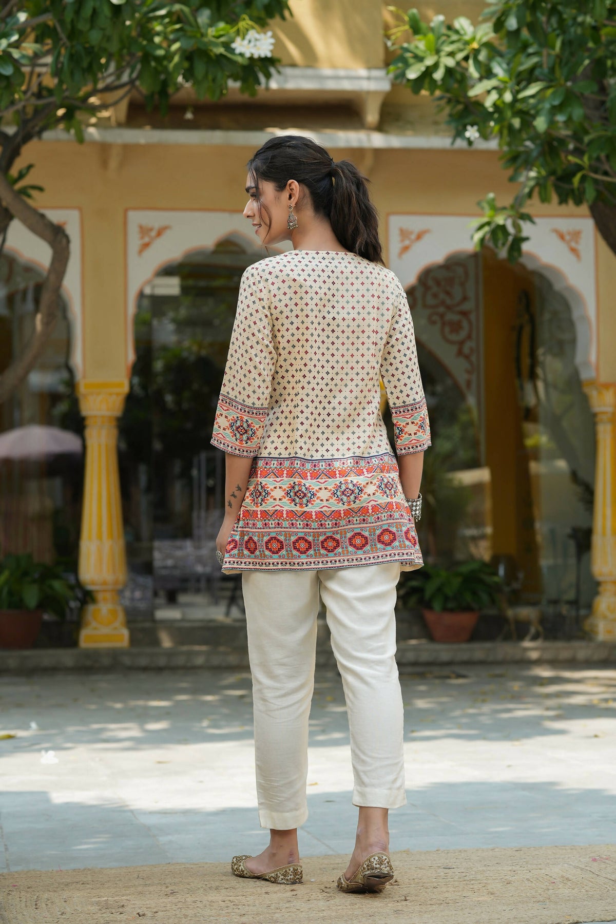 Juniper Women's Beige Rayon Printed Embroidered Tunic | Grocsy