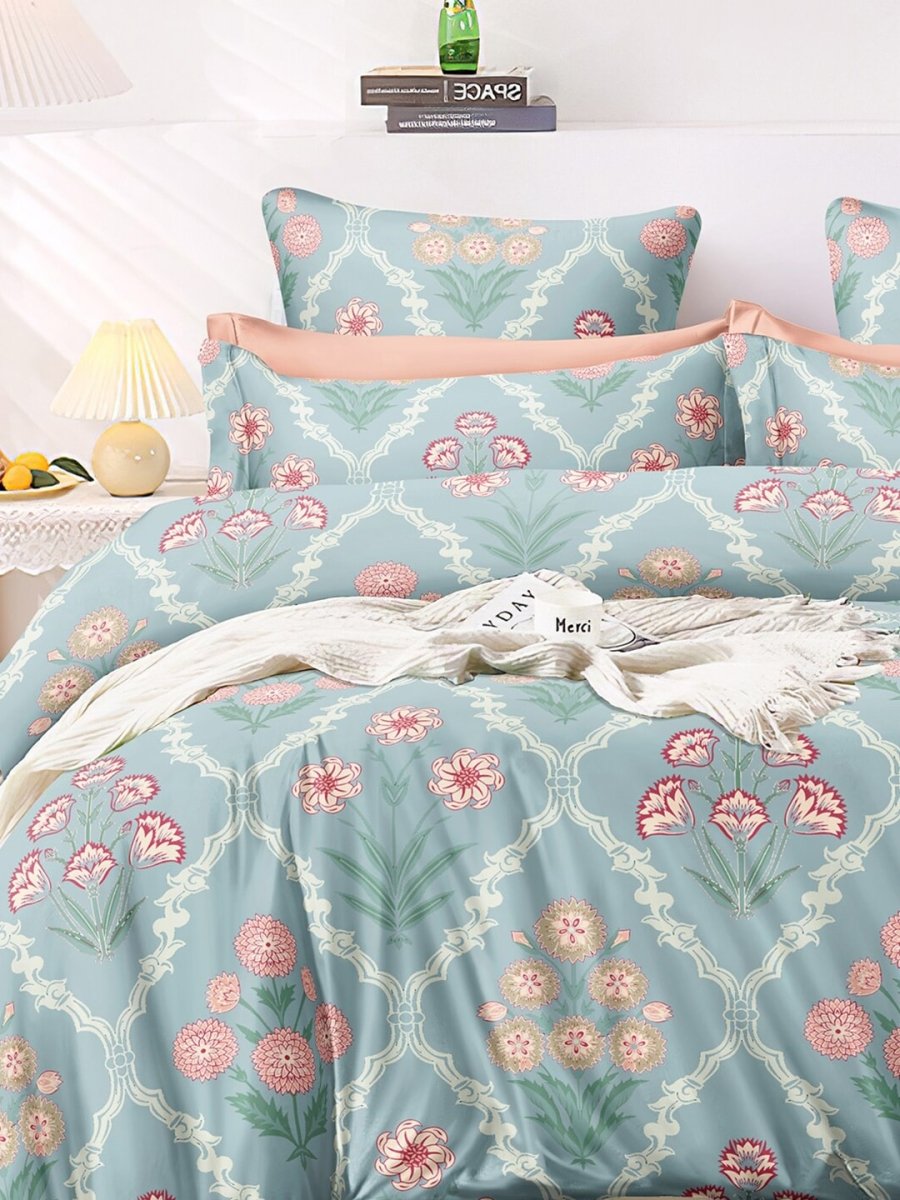 AEROHAVEN Premium Blue & Pink Ethnic Motifs Cotton 300 TC King Bedsheet & 2 Pillow Covers | Grocsy