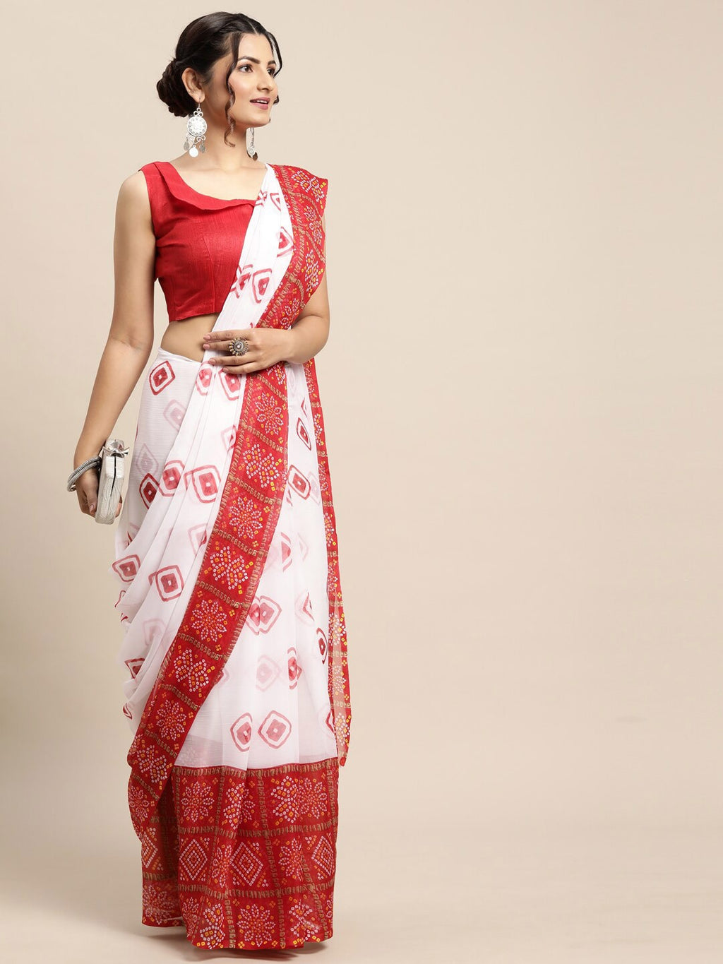 Saree Mall Women White & Red Bandhani Printed Poly Chiffon Sarees | Grocsy