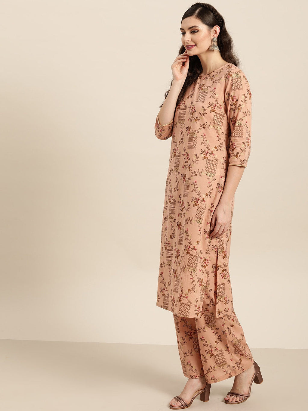 Sangria Women Dusty Pink & Brown Pure Cotton Printed Kurta with Palazzos & Dupatta | Grocsy