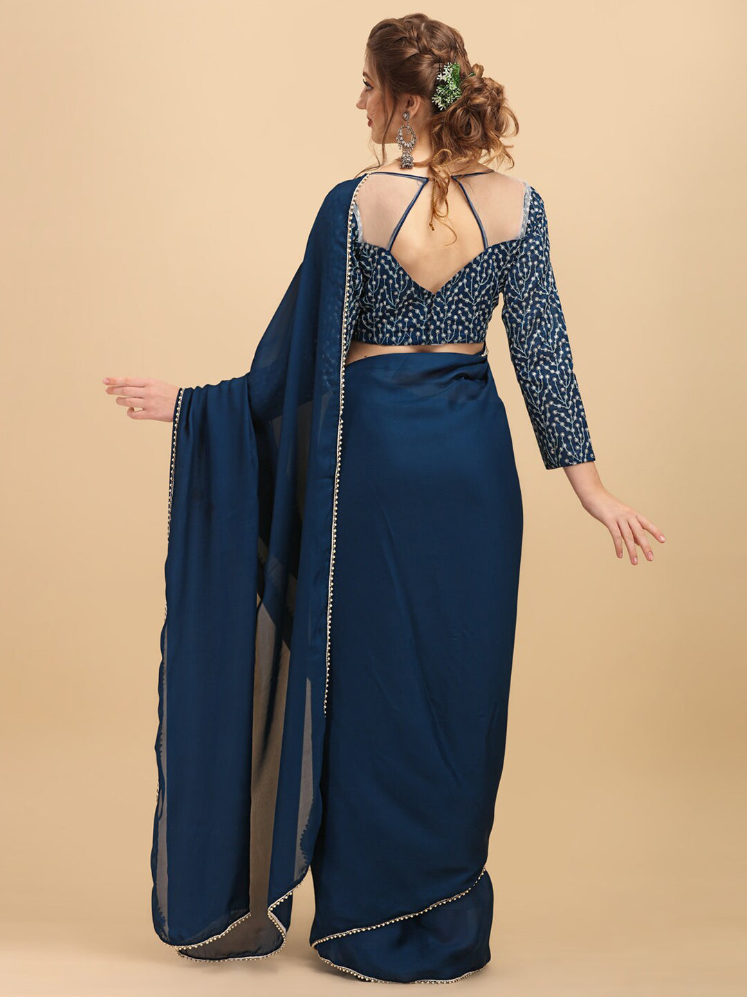 Sangria Satin Saree With Beads & Stones Embellished Border | Grocsy