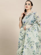 Saree Mall Blue Floral Sequinned Linen Blend Chanderi Saree | Grocsy