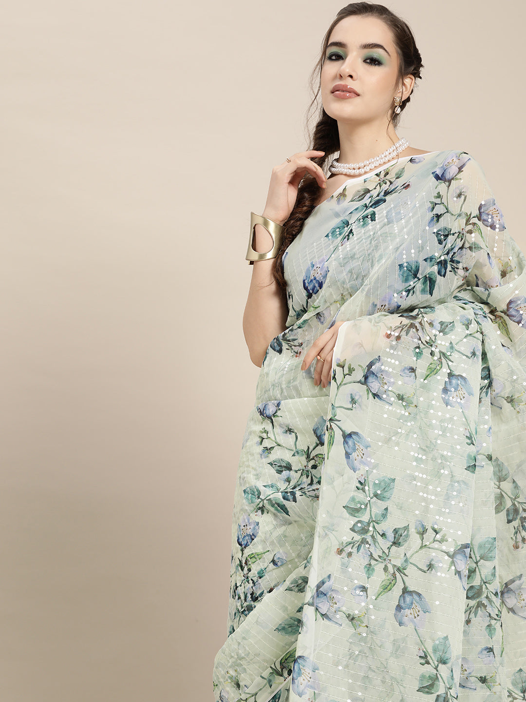 Saree Mall Blue Floral Sequinned Linen Blend Chanderi Saree | Grocsy