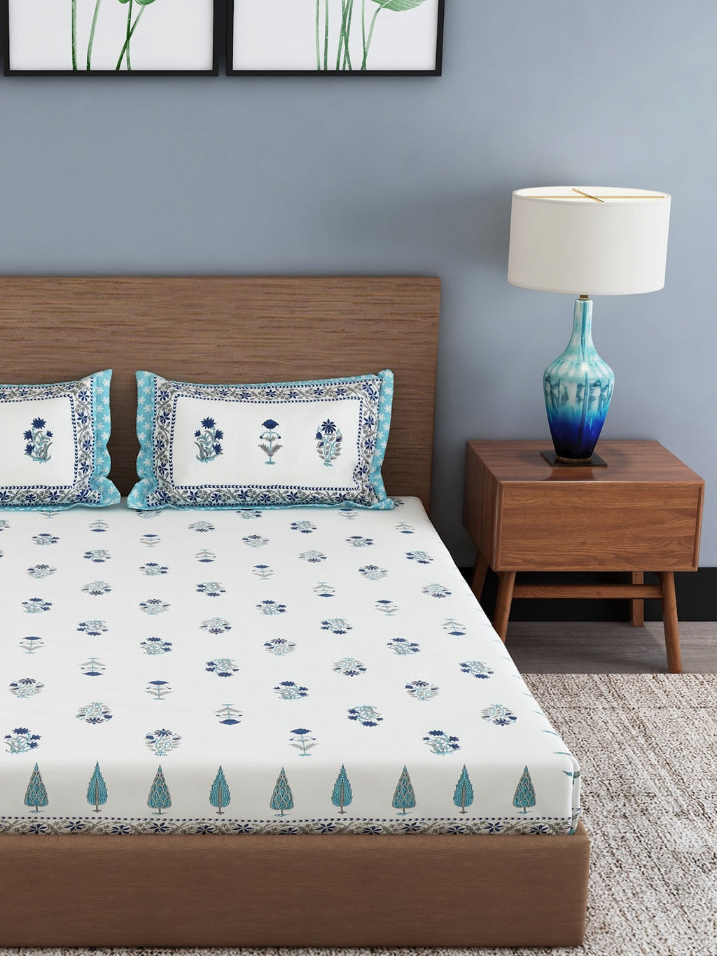 Rajasthan Decor Cream-Coloured & Blue Ethnic Motifs 180 TC Cotton 1 King Bedsheet with 2 Pillow Covers | Grocsy