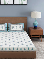 Rajasthan Decor Cream-Coloured & Blue Ethnic Motifs 180 TC Cotton 1 King Bedsheet with 2 Pillow Covers | Grocsy