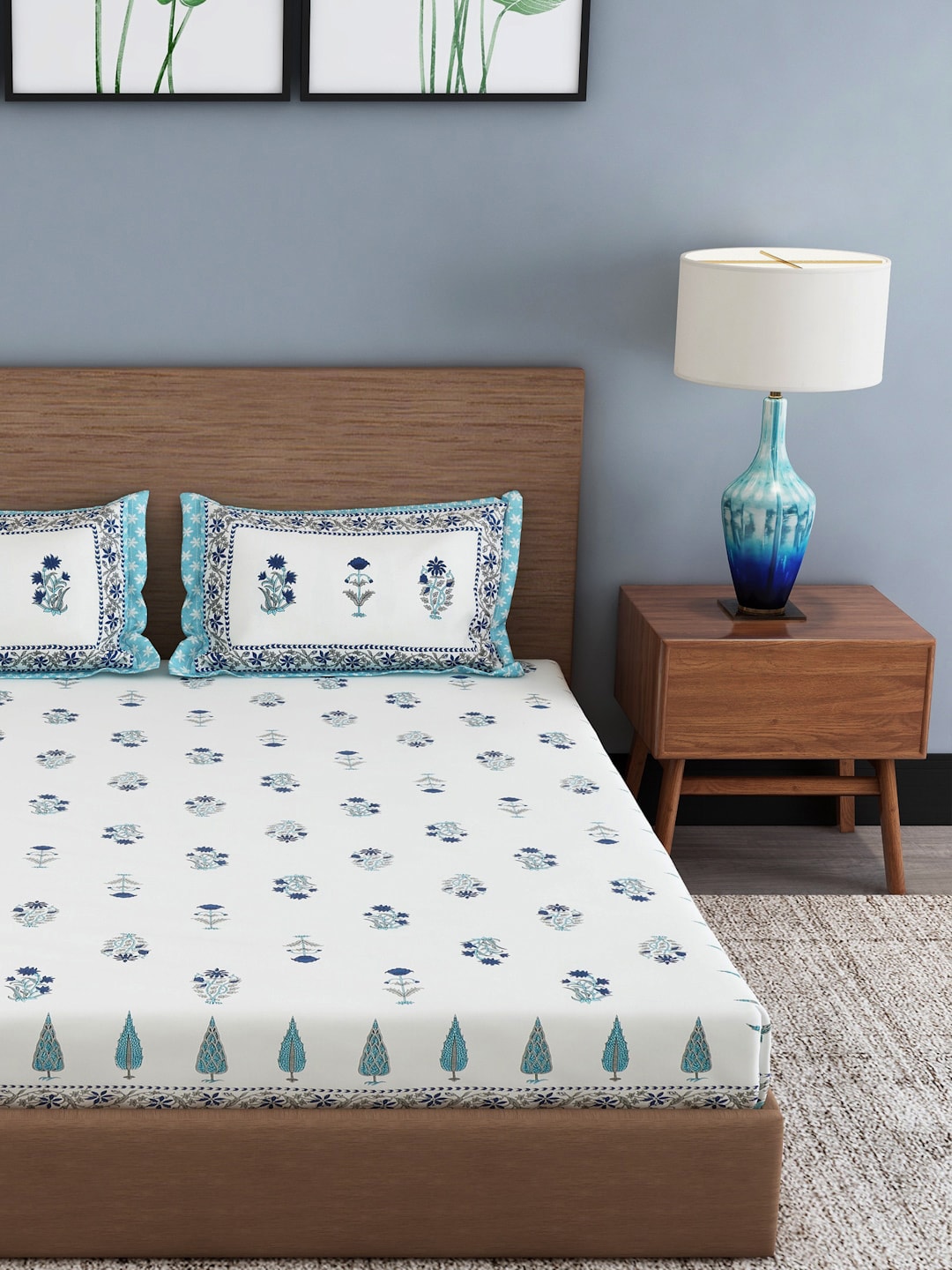 Rajasthan Decor Cream-Coloured & Blue Ethnic Motifs 180 TC Cotton 1 King Bedsheet with 2 Pillow Covers | Grocsy