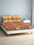 SPACES Aurum Orange Ethnic Motifs Pure Cotton 140 TC Queen Bedsheet with 2 Pillow Covers | Grocsy