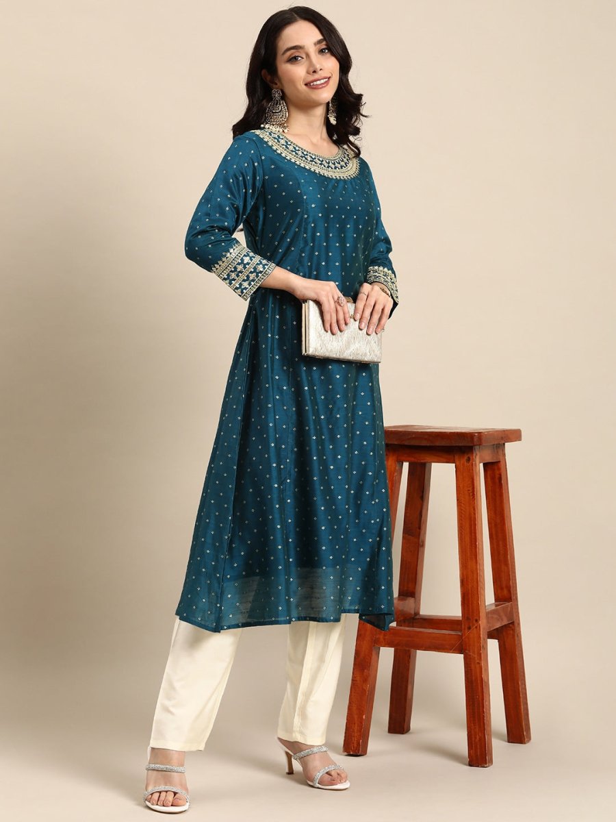 All About You Ethnic Motifs Embroidered Sequinned Kurta With Trousers | Grocsy