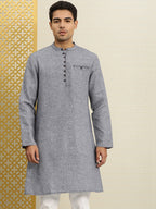 House of Pataudi Men Navy Blue & White Woven Design Straight Kurta | Grocsy