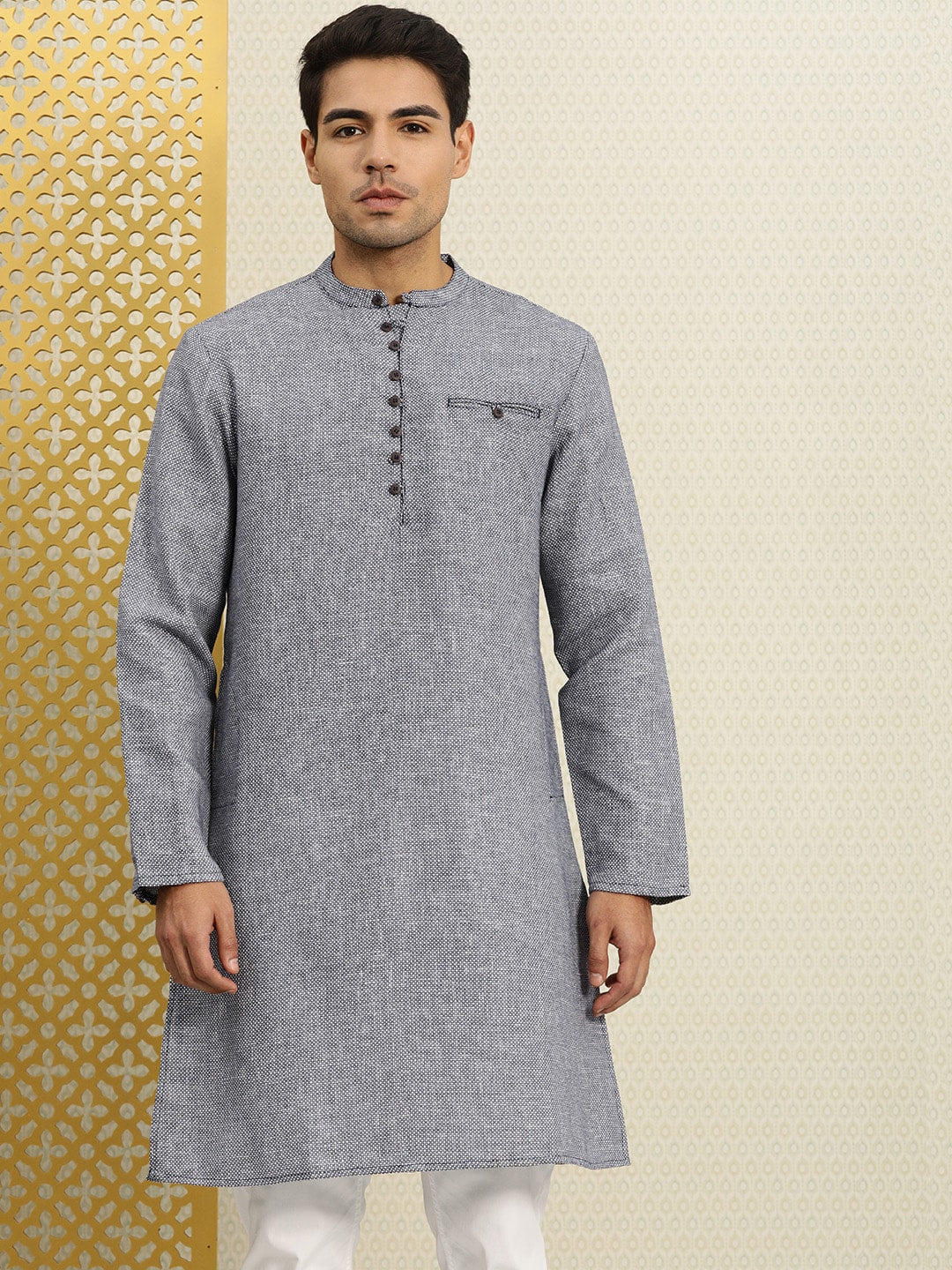 House of Pataudi Men Navy Blue & White Woven Design Straight Kurta | Grocsy