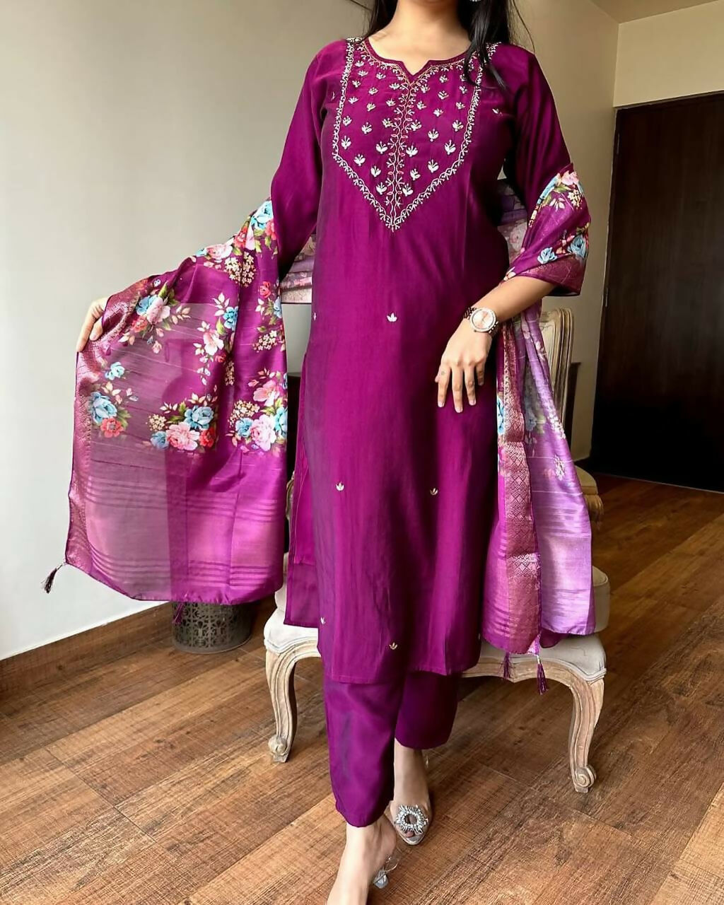 The52 Wine Women's Gorgeous Embroidered Rayon Fabric Straight Kurta Pant with Dupatta Set | Grocsy