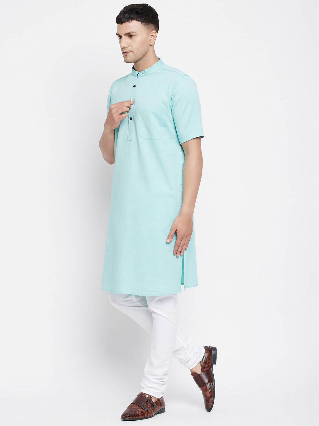 Even Apparels Green Pure Cotton Men's H/S Kurta With Band Collar | Grocsy
