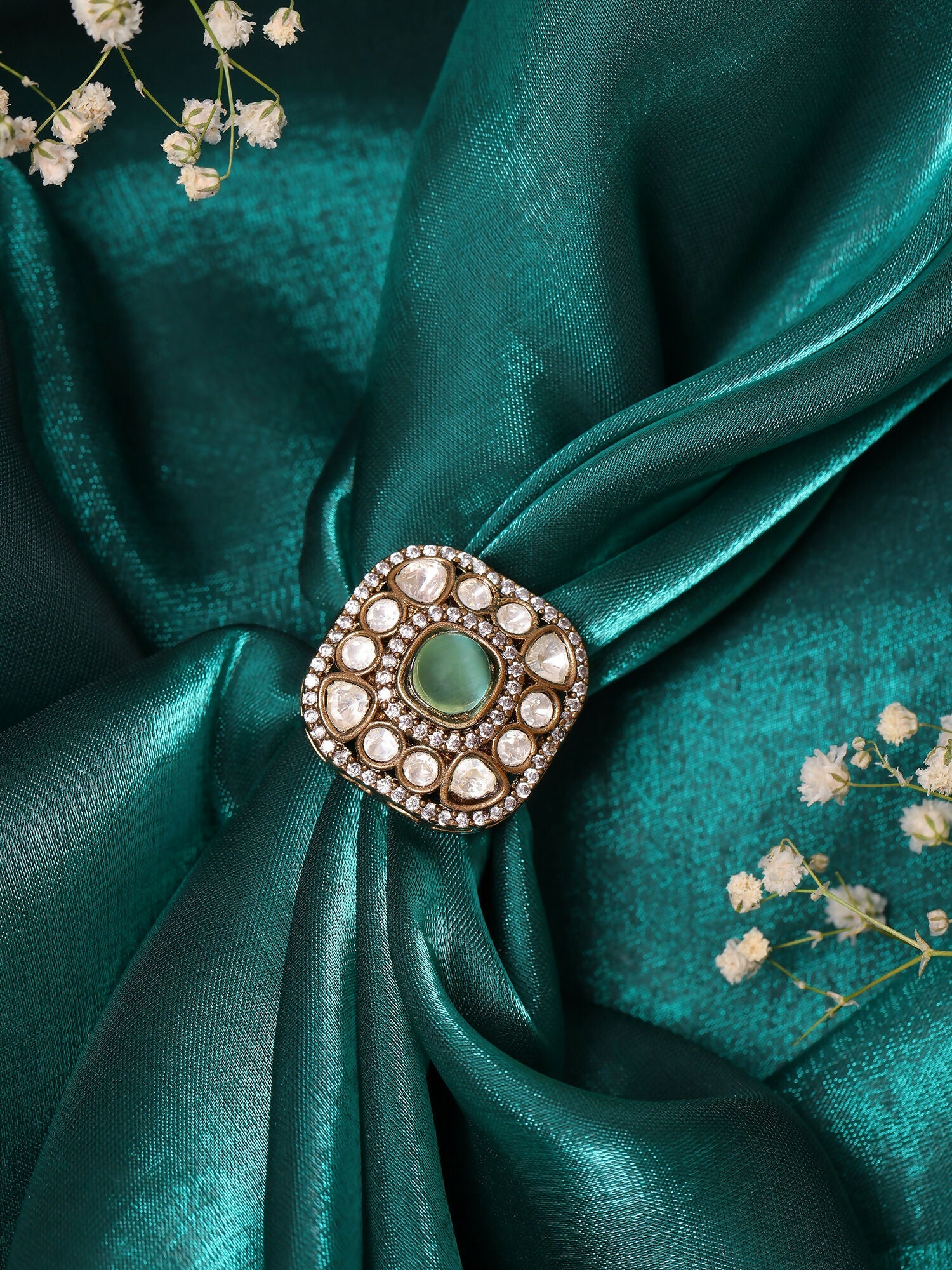Ruby Raang Gold Polished Green Kundan And Stone Ring | Grocsy