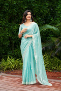 Vastranavya Turquoise Embroidery Work Shimmer Chiffon Saree with Unstitched Blouse | Grocsy