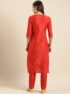All About You Women Red Woven Design Kurta with Trousers | Grocsy