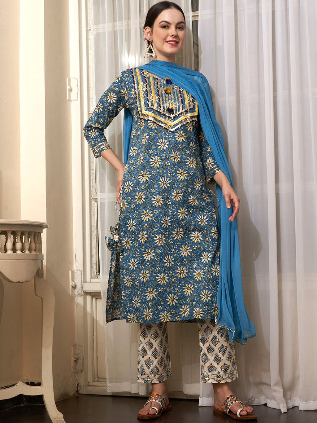 Sangria Blue Ethnic Motifs Printed Cotton Kurta with Trousers & Dupatta | Grocsy
