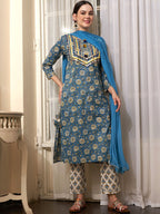 Sangria Blue Ethnic Motifs Printed Cotton Kurta with Trousers & Dupatta | Grocsy