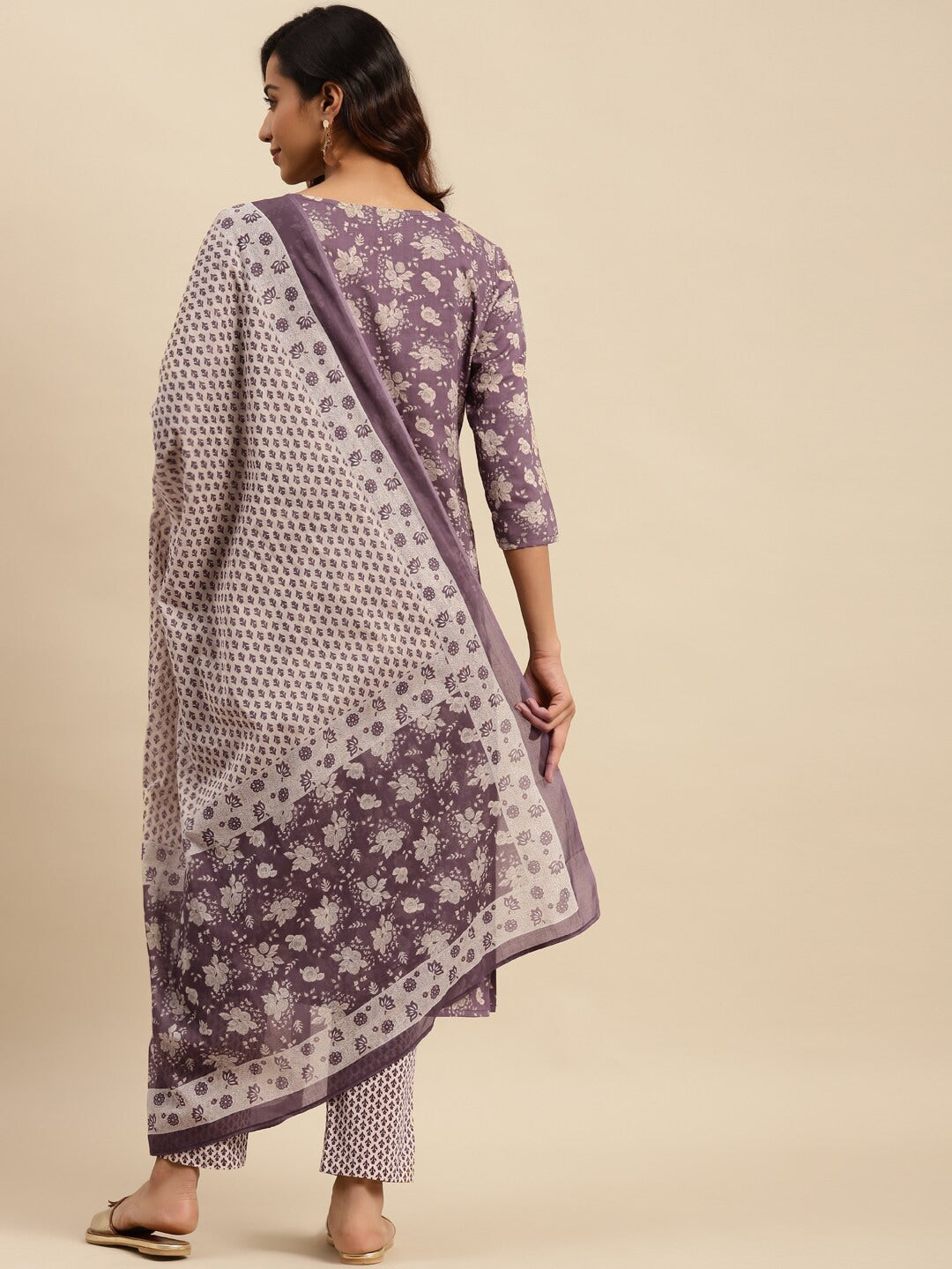 Sangria Maroon Floral Printed Pure Cotton Kurta With Trouser & Dupatta | Grocsy