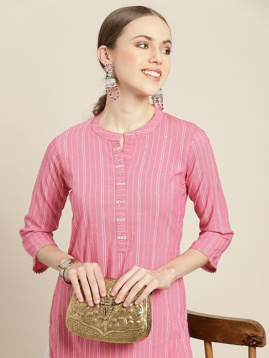 Sangria Women Pink & White Striped Sequin Detail Kurta | Grocsy