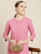Sangria Women Pink & White Striped Sequin Detail Kurta | Grocsy