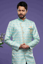 Raivat Ethnic Banarasi Jacquard Embroidery Semi Indo Western Sherwani In Sky Blue Colour | Grocsy