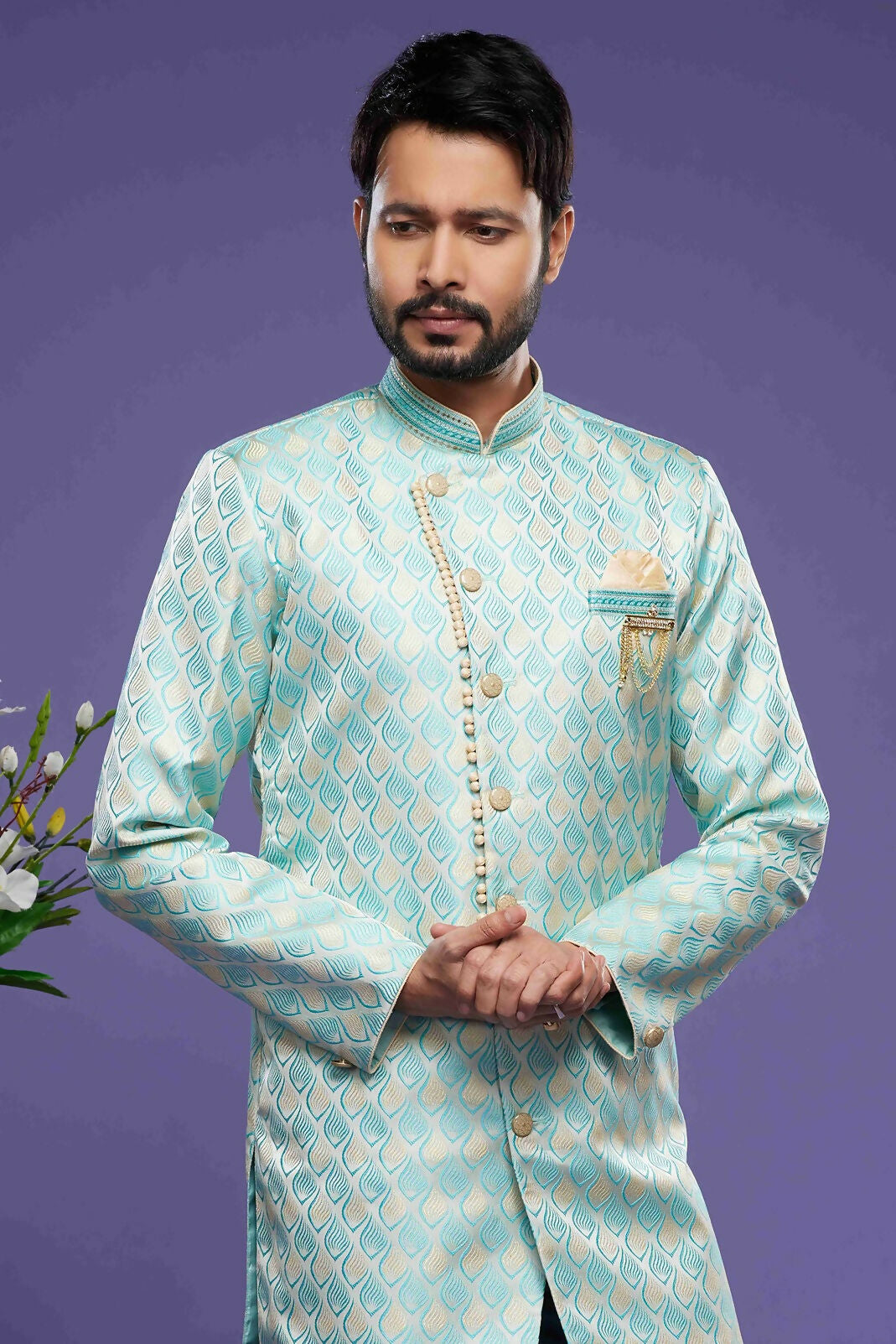Raivat Ethnic Banarasi Jacquard Embroidery Semi Indo Western Sherwani In Sky Blue Colour | Grocsy