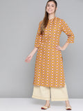HERE&NOW Women Mustard Yellow & Cream Pure Cotton Geometric Printed Kurta | Grocsy
