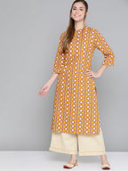 HERE&NOW Women Mustard Yellow & Cream Pure Cotton Geometric Printed Kurta | Grocsy