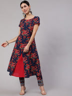 Aks Floral Printed Round Neck A-Line Kurta | Grocsy