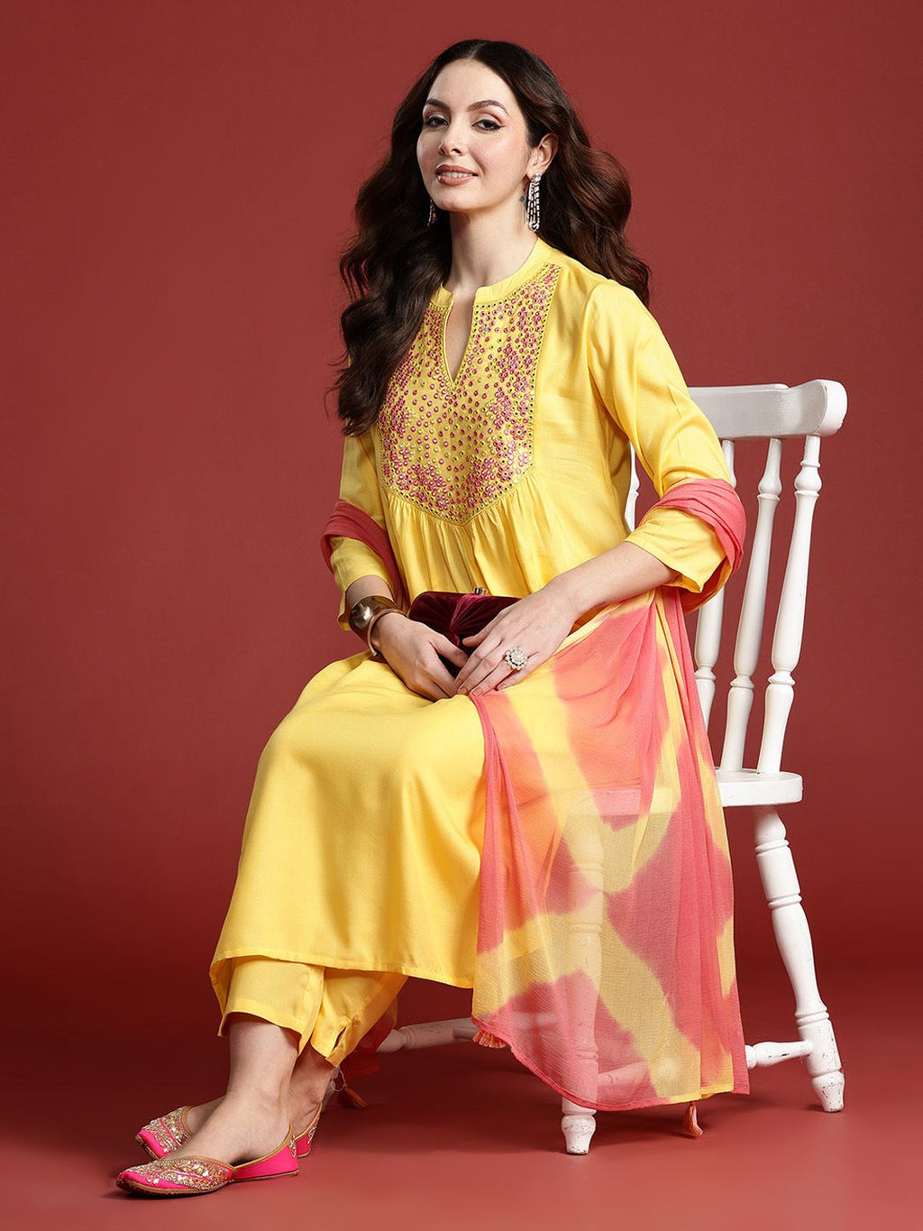 Indo Era Women Embroidered Panelled Mirror Work Pure Cotton Kurta with Trousers & Dupatta | Grocsy