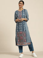 Sangria Women Teal Blue & White Ethnic Printed Straight Kurta with Trousers | Grocsy