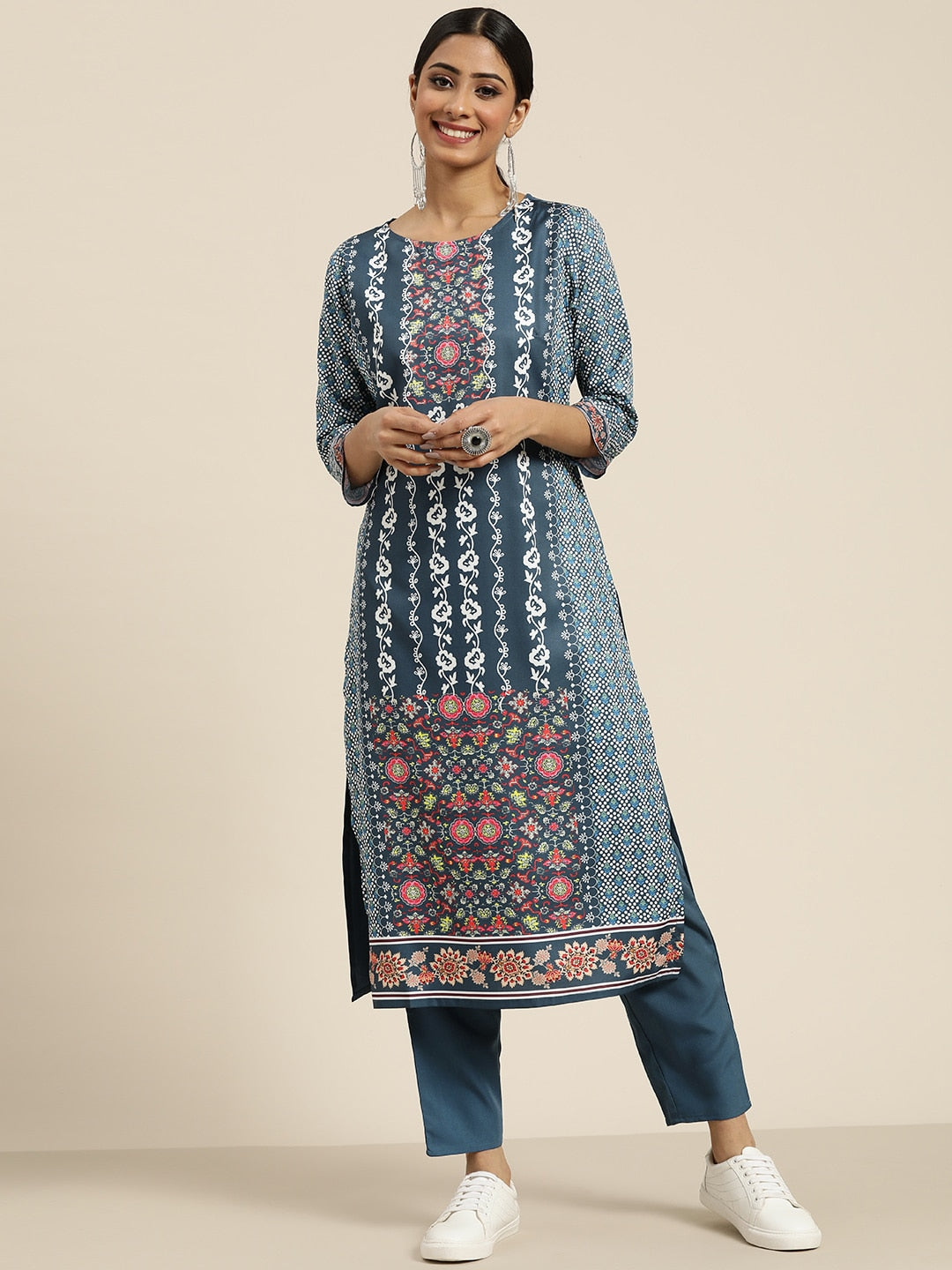 Sangria Women Teal Blue & White Ethnic Printed Straight Kurta with Trousers | Grocsy