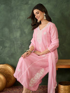 The52 Women's Beautiful Thread Work Cotton satin Fabric Flared Kurta Pant and Dupatta Set-Peach | Grocsy