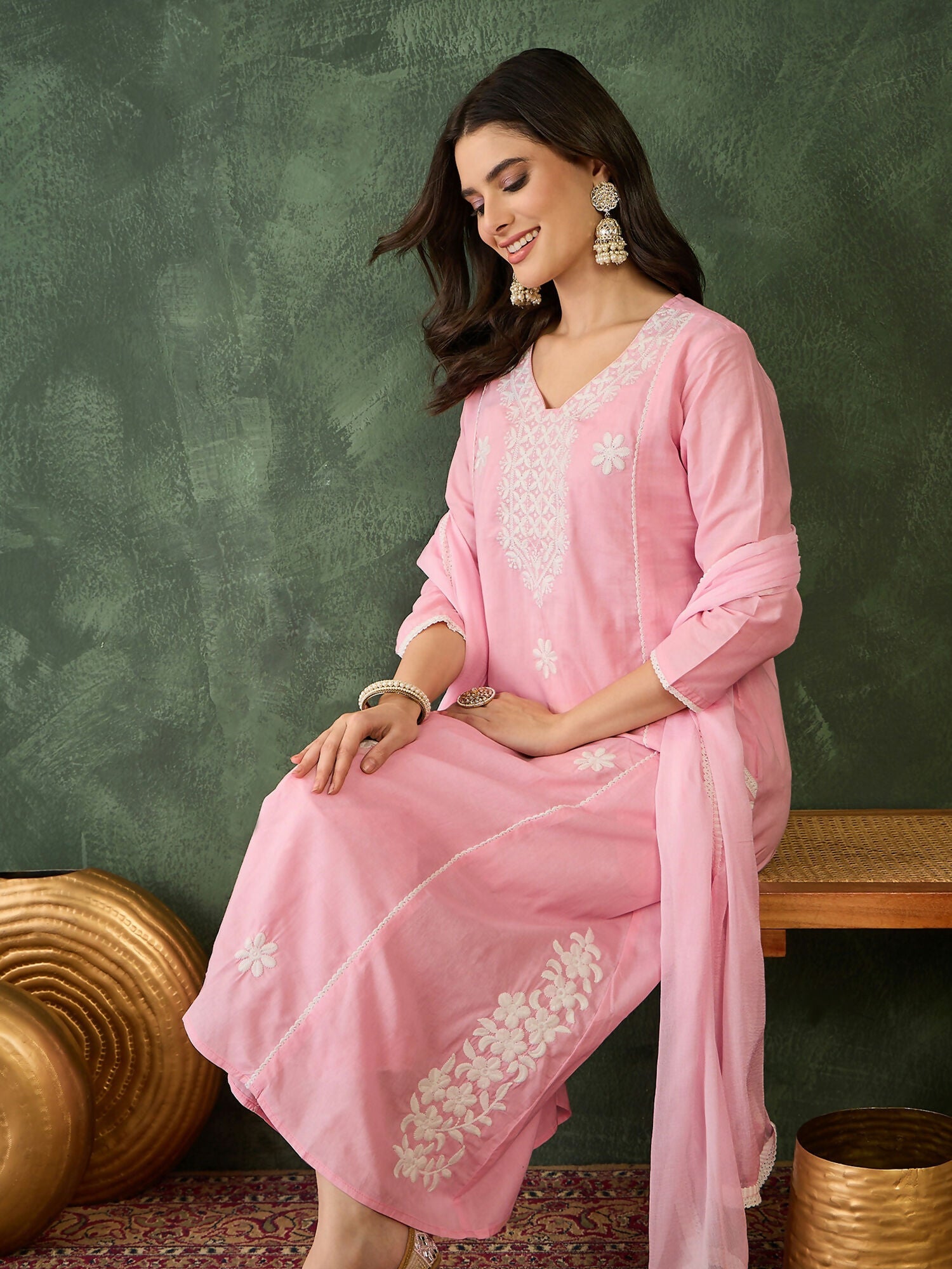 The52 Women's Beautiful Thread Work Cotton satin Fabric Flared Kurta Pant and Dupatta Set-Peach | Grocsy