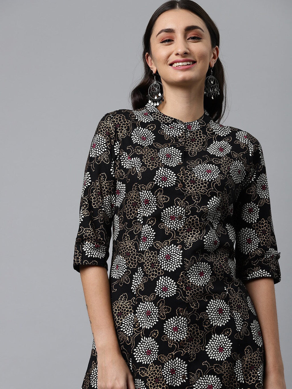 HERE&NOW Mandarin Collar Floral Printed Cotton Kurta | Grocsy