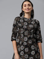 HERE&NOW Mandarin Collar Floral Printed Cotton Kurta | Grocsy