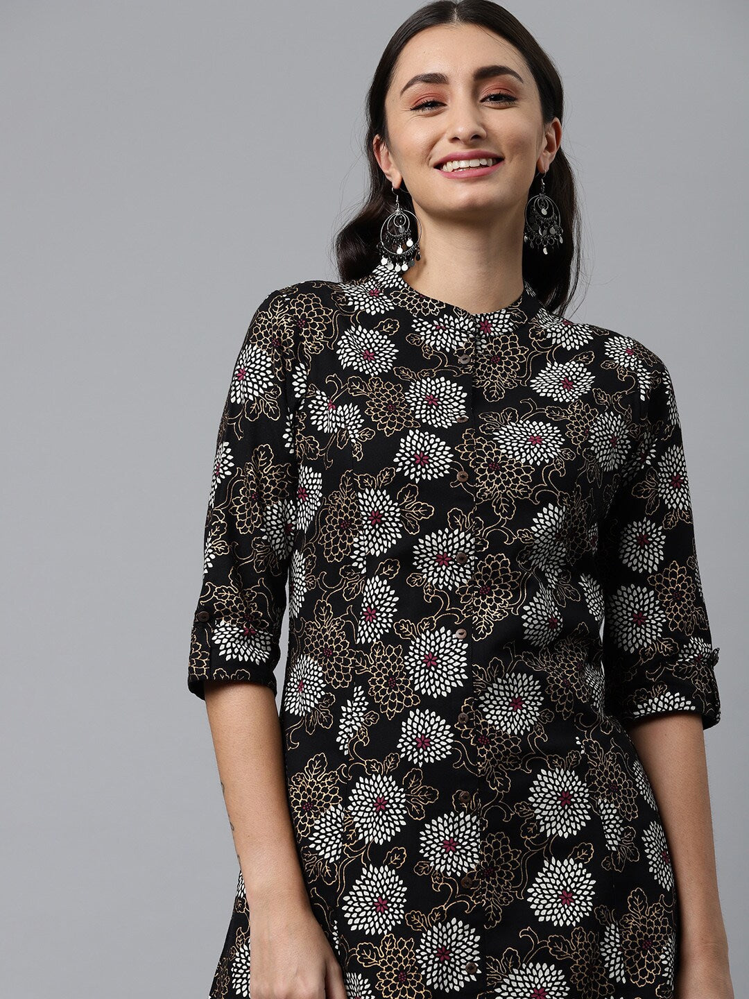 HERE&NOW Mandarin Collar Floral Printed Cotton Kurta | Grocsy