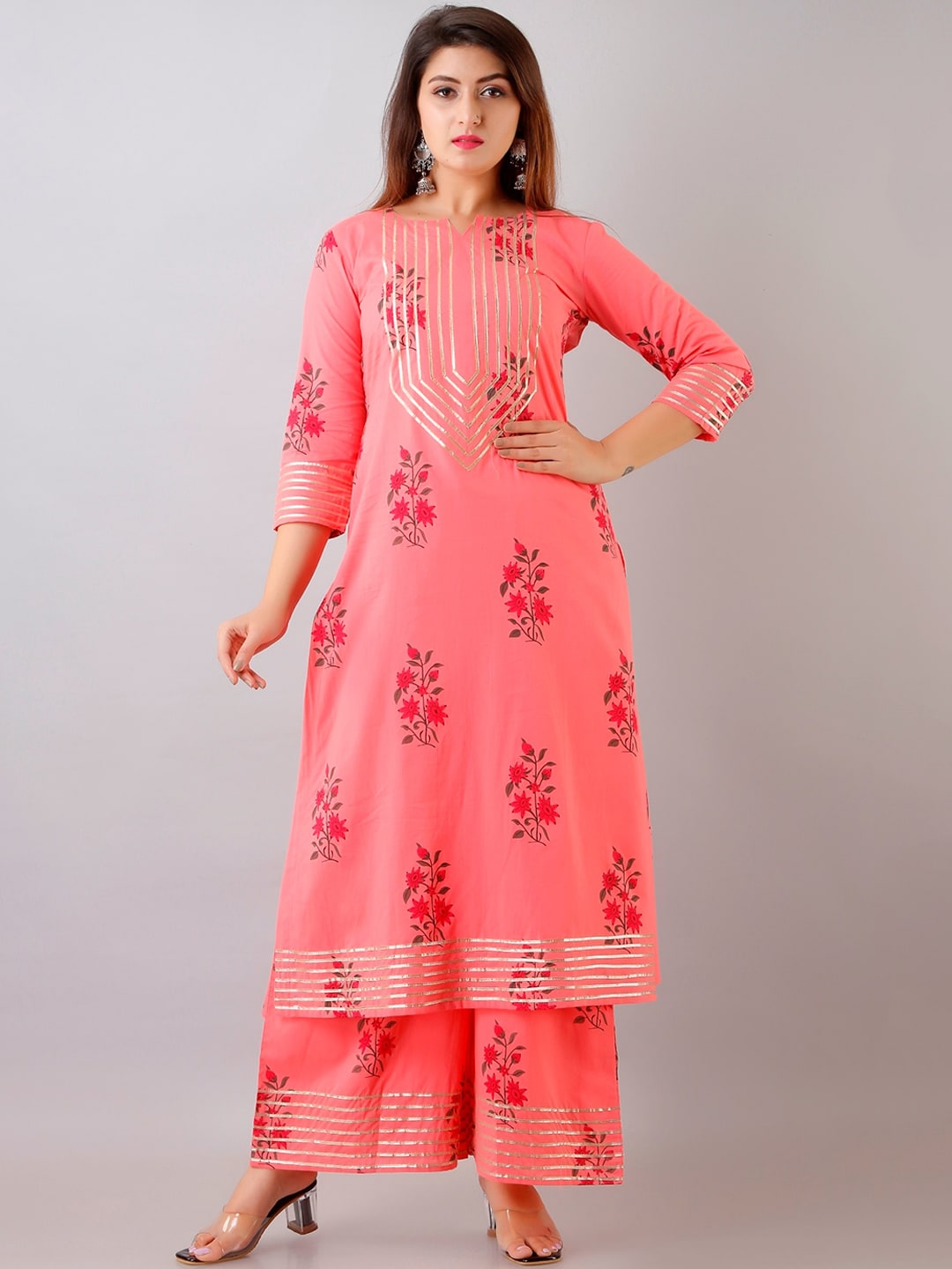 HERE&NOW Floral Printed Gotta Patti Regular Kurta with Palazzos | Grocsy
