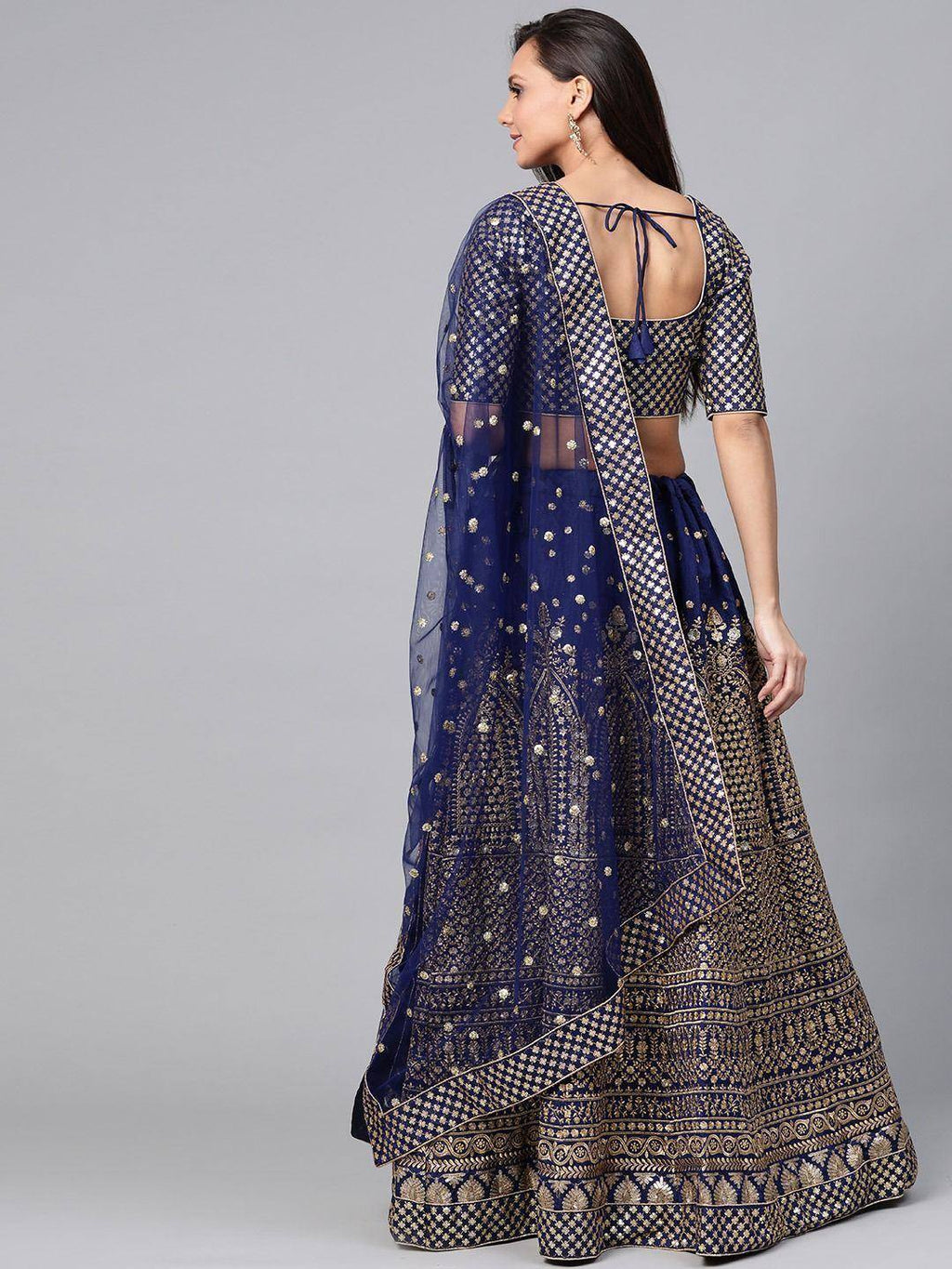 Tulsi Art Navy Blue Embroidered Semi-Stitched Myntra Lehenga & Unstitched Blouse With Dupatta | Grocsy