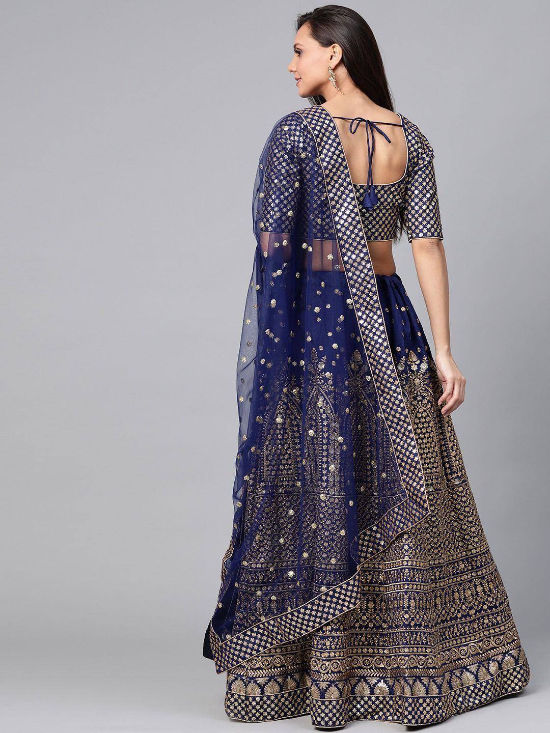 Tulsi Art Navy Blue Embroidered Semi-Stitched Myntra Lehenga & Unstitched Blouse With Dupatta | Grocsy
