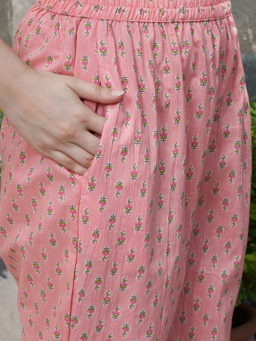 Sangria Peach Floral Printed Gotta Patti Pure Cotton A-Line Kurta with Trousers & Dupatta | Grocsy