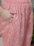 Sangria Peach Floral Printed Gotta Patti Pure Cotton A-Line Kurta with Trousers & Dupatta | Grocsy