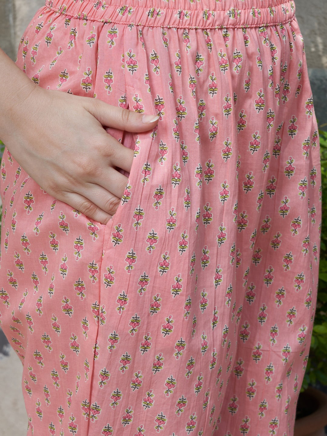 Sangria Peach Floral Printed Gotta Patti Pure Cotton A-Line Kurta with Trousers & Dupatta | Grocsy