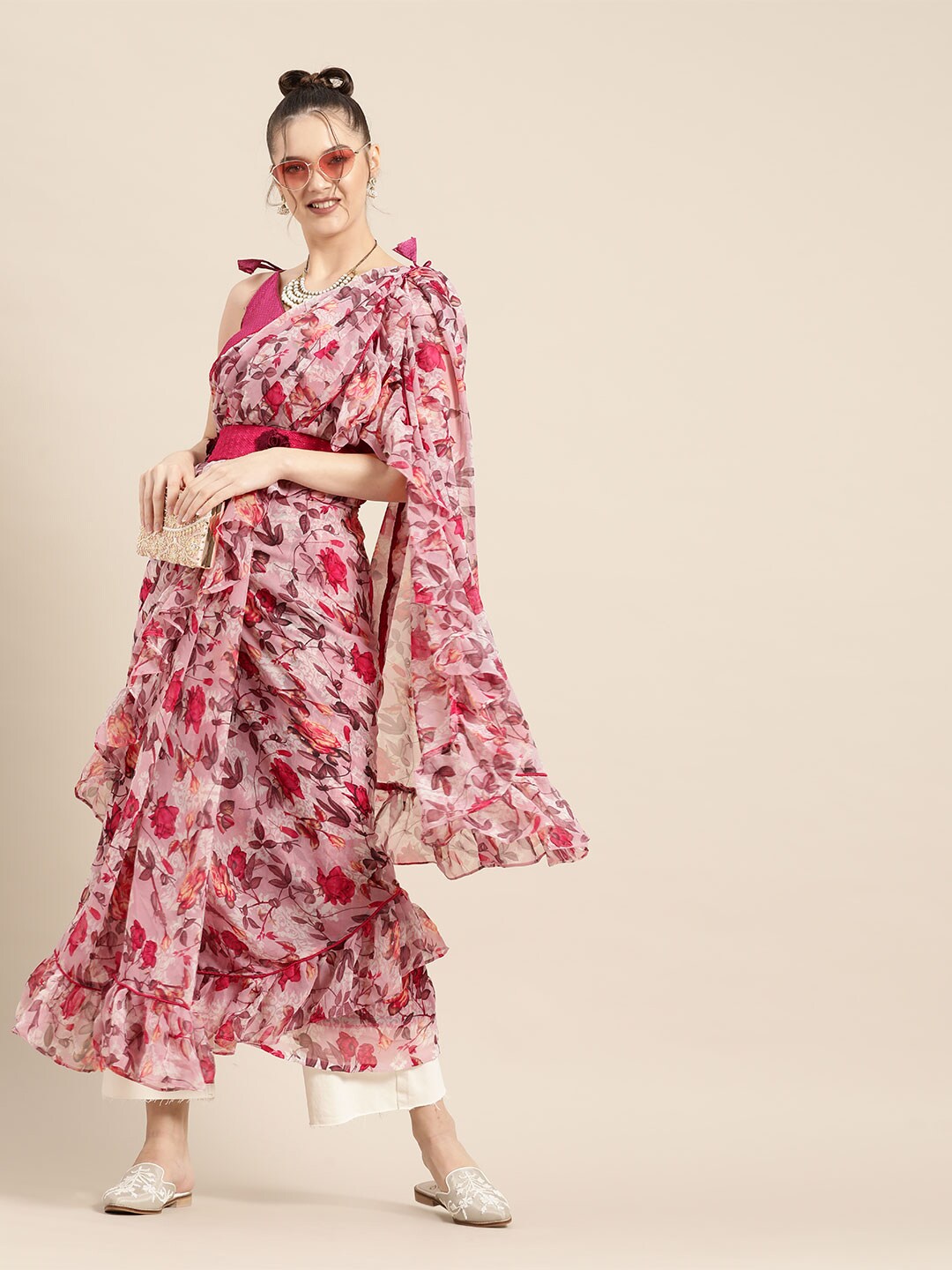 Tikhi Imli Pretty Pink Printed Poly Georgette Saree | Grocsy
