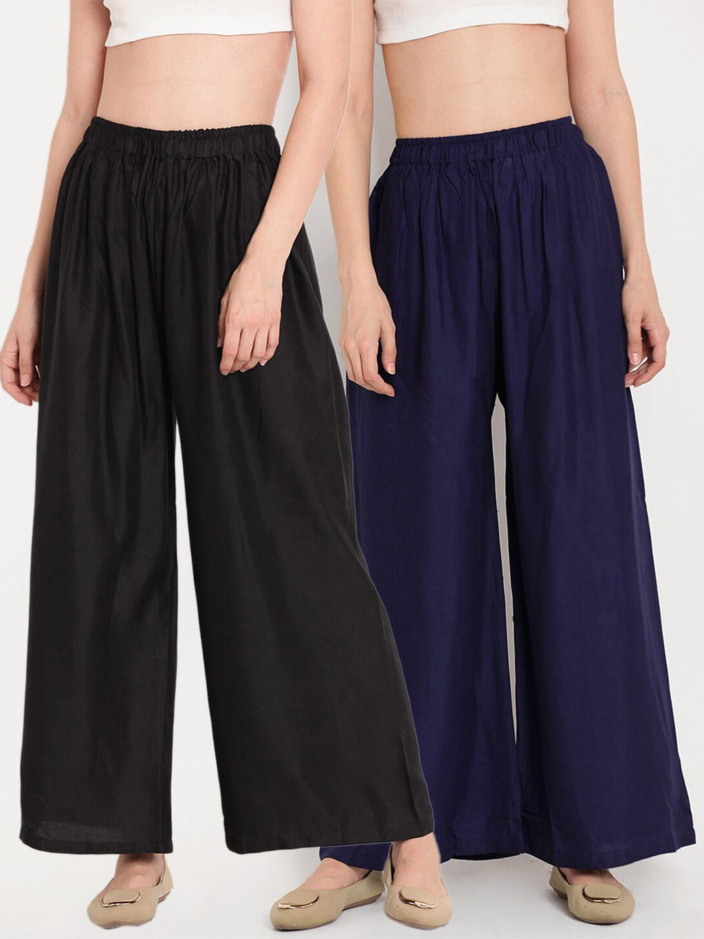 TAG 7 Women Black & Navy Blue Set of 2 Flared Ethnic Palazzos | Grocsy
